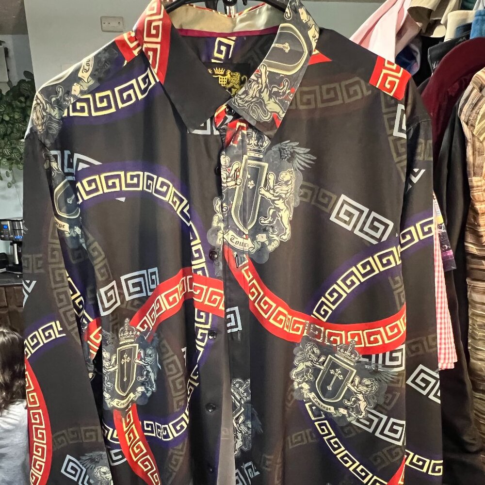 House of Lords Greek Key and Herald Print Men's Long-Sleeve Button-Up SZ XL